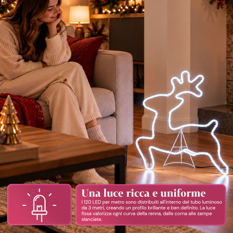 Renna Luminosa Neon LED 65x58 cm Bianco Freddo, Interno ed Esterno