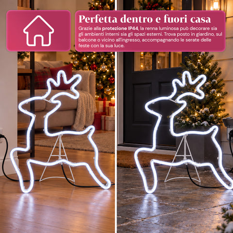 Renna Luminosa Neon LED 65x58 cm Bianco Freddo, Interno ed Esterno