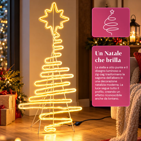 Albero di Natale Luminoso Neon LED 108 cm con Stella, Bianco Caldo
