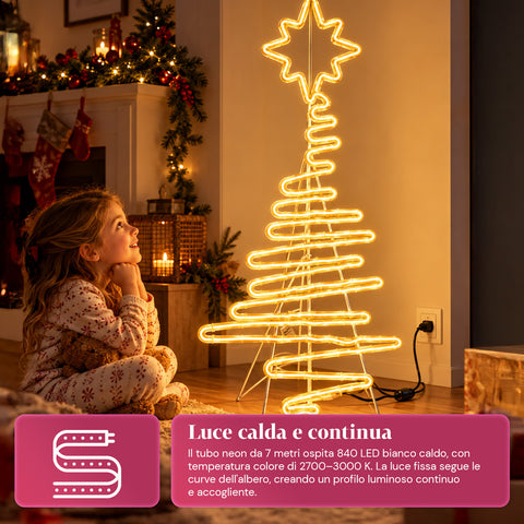Albero di Natale Luminoso Neon LED 108 cm con Stella, Bianco Caldo