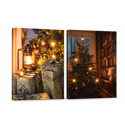 Quadri natalizi con luci LED in set da 2, 30x40 cm: Babbo Natale, renne, gnomo e alberi che si illuminano, a batteria con interruttore
