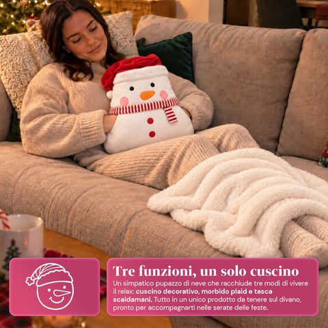 Cuscino Natalizio con Plaid 60x90 cm e Scaldamani 3 in 1, 3 personaggi disponibili