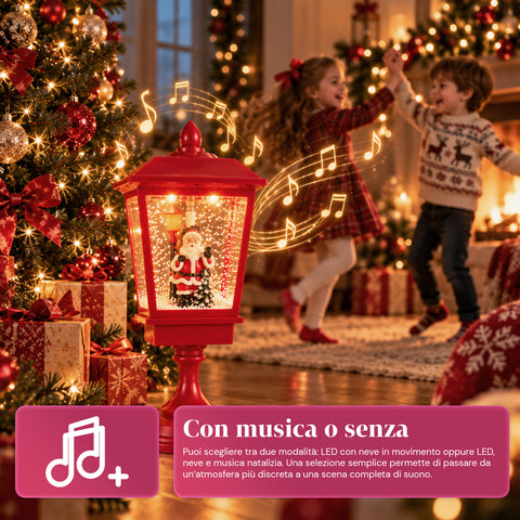 Lampione di Natale Luminoso 60 cm con Babbo Natale, Effetto Neve che Soffia e Musica, LED, Lanterna Natalizia Rossa Decorativa