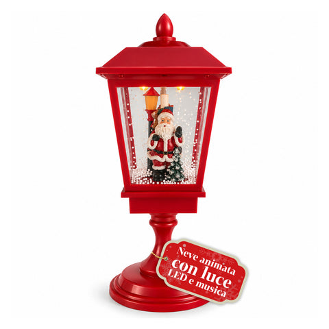 Lampione di Natale Luminoso 60 cm con Babbo Natale, Effetto Neve che Soffia e Musica, LED, Lanterna Natalizia Rossa Decorativa
