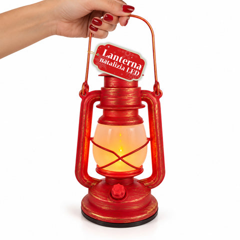 Lanterna Natalizia Rossa LED Effetto Fiamma con Musica di Natale, Gancio per Appendere e Rifiniture Dorate, Decorazione 15x11x25 cm