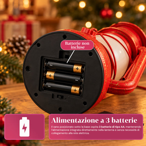 Lanterna Natalizia Rossa LED Effetto Fiamma con Musica di Natale, Gancio per Appendere e Rifiniture Dorate, Decorazione 15x11x25 cm