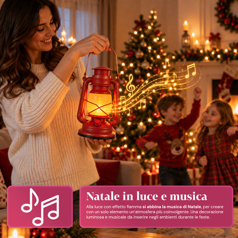 Lanterna Natalizia Rossa LED Effetto Fiamma con Musica di Natale, Gancio per Appendere e Rifiniture Dorate, Decorazione 15x11x25 cm