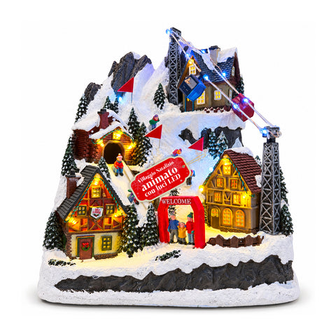 Villaggio di Natale Luminoso con Scivolo in Movimento, Funivia, Luci LED e Musica Natalizia – 28x19x32 cm