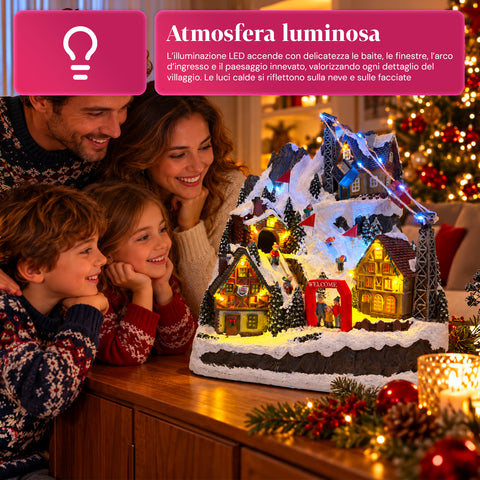 Villaggio di Natale Luminoso con Scivolo in Movimento, Funivia, Luci LED e Musica Natalizia – 28x19x32 cm