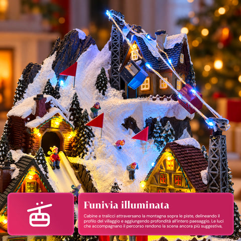 Villaggio di Natale Luminoso con Scivolo in Movimento, Funivia, Luci LED e Musica Natalizia – 28x19x32 cm