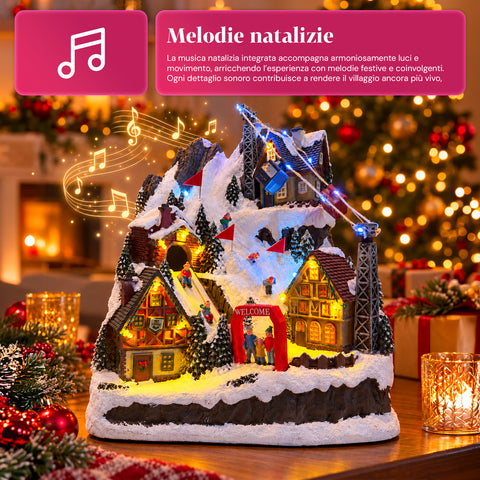 Villaggio di Natale Luminoso con Scivolo in Movimento, Funivia, Luci LED e Musica Natalizia – 28x19x32 cm