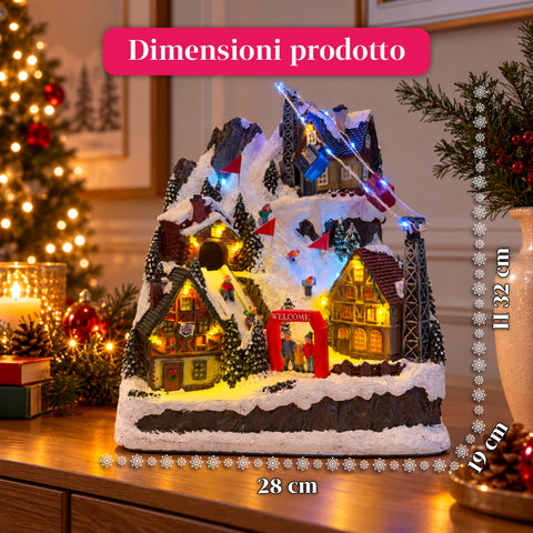 Villaggio di Natale Luminoso con Scivolo in Movimento, Funivia, Luci LED e Musica Natalizia – 28x19x32 cm