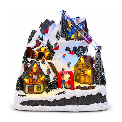 Villaggio di Natale Luminoso con Scivolo in Movimento, Funivia, Luci LED e Musica Natalizia – 28x19x32 cm