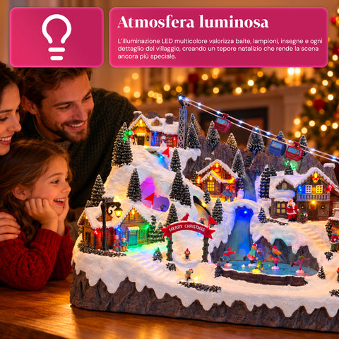 Villaggio di Natale Luminoso con Piste da Sci e Pattinaggio in Movimento, Luci LED e Musica – 56x37x42 cm