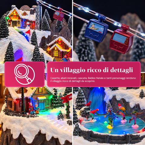 Villaggio di Natale Luminoso con Piste da Sci e Pattinaggio in Movimento, Luci LED e Musica – 56x37x42 cm