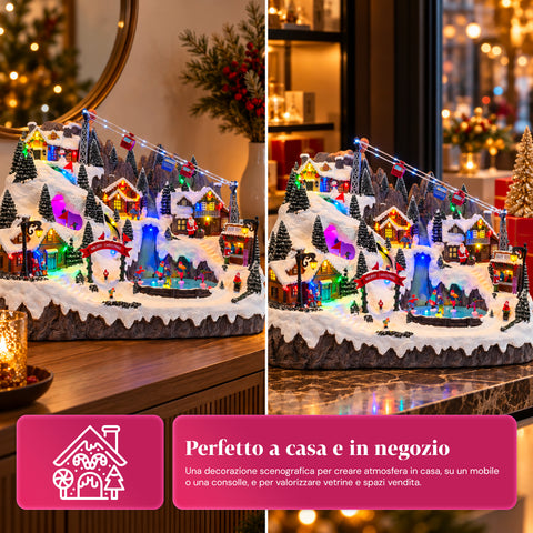 Villaggio di Natale Luminoso con Piste da Sci e Pattinaggio in Movimento, Luci LED e Musica – 56x37x42 cm