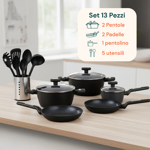 Batteria da Cucina Completa 13 Pezzi in Vari Colori con Mestoli Inclusi