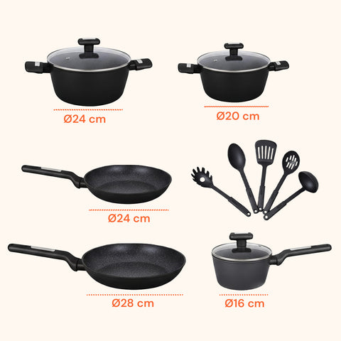 Batteria da Cucina Completa 13 Pezzi in Vari Colori con Mestoli Inclusi