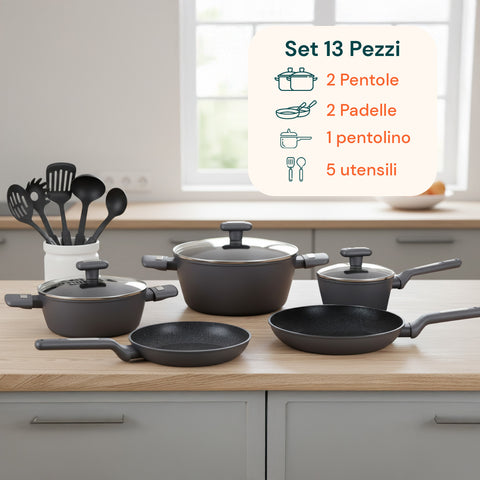 Batteria da Cucina Completa 13 Pezzi in Vari Colori con Mestoli Inclusi