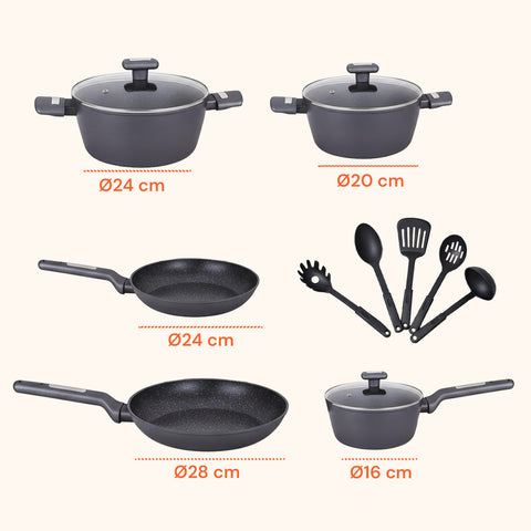 Batteria da Cucina Completa 13 Pezzi in Vari Colori con Mestoli Inclusi