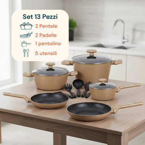 Batteria da Cucina Completa 13 Pezzi in Vari Colori con Mestoli Inclusi