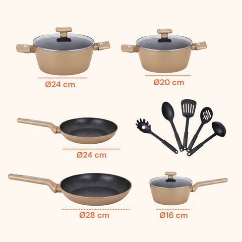 Batteria da Cucina Completa 13 Pezzi in Vari Colori con Mestoli Inclusi