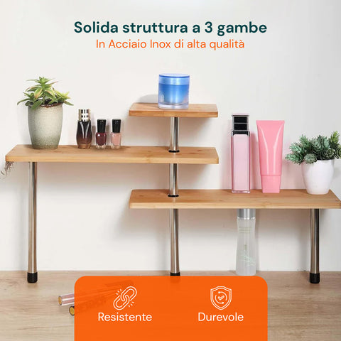 Scaffale Angolare in Bambù 3 Ripiani con Ganci Portaoggetti