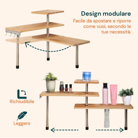 Scaffale Angolare in Bambù 3 Ripiani con Ganci Portaoggetti