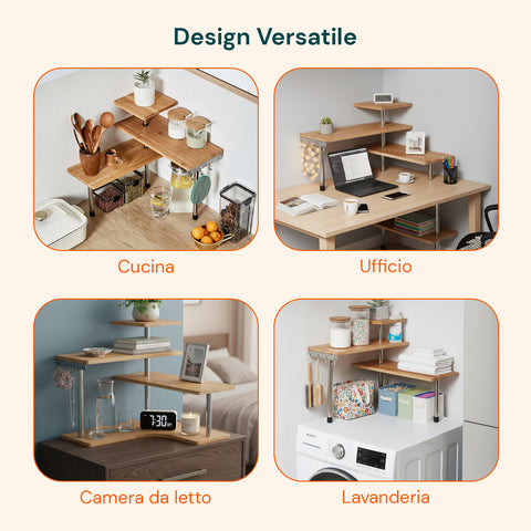 Scaffale Angolare in Bambù 3 Ripiani con Ganci Portaoggetti