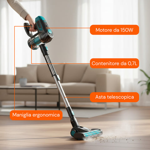 Aspirapolvere Senza Fili 150W con Batteria 22,2V e Autonomia 30 Min