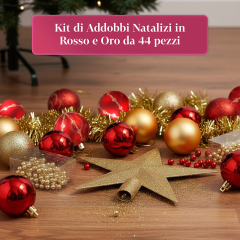 Kit Addobbi Natalizi 44 Pezzi Rosso e Oro – Con Punta a Stella