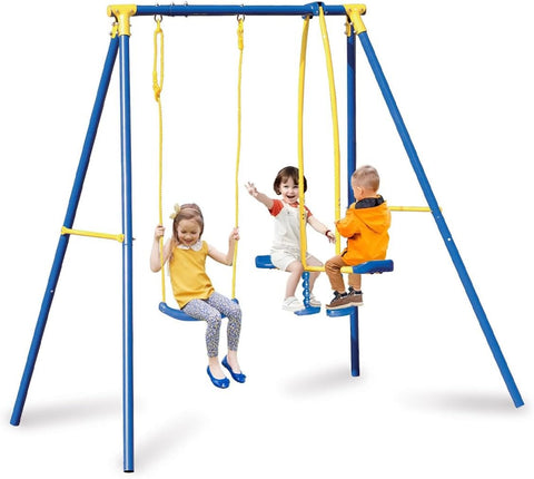 Altalena Bimbo 3 In Acciaio Verniciato Blu Con Seggiolino E Cavalluccio