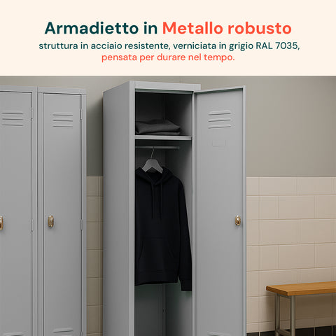 Armadietto Spogliatoio 1 Posto Grigio In Acciaio Con Serratura E Appendiabiti