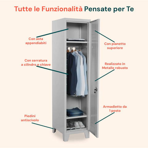 Armadietto Spogliatoio 1 Posto Grigio In Acciaio Con Serratura E Appendiabiti