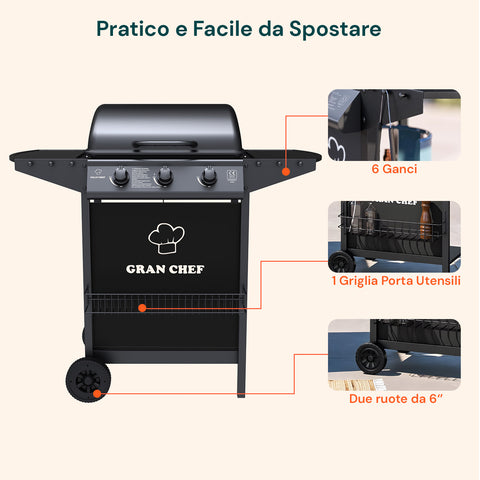 Barbecue A Gas A 3 Fuochi Thomas In Acciaio Nero Con Ruote