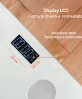 Bilancia con display LCD 59x24mm per lettura chiara e immediata, include indicatore temperatura ambientale per monitoraggio completo