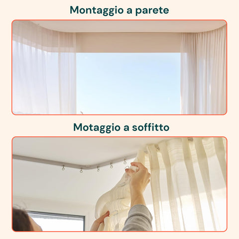 Binario Tenda Soffitto/Parete Flessibile 5m con Supporti, Ganci e Rulli