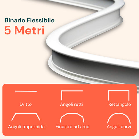 Binario Tenda Soffitto/Parete Flessibile 5m con Supporti, Ganci e Rulli