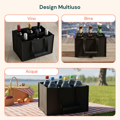 Set 3 Borse Porta Bottiglie 6 Scomparti – Tessuto Oxford Impermeabile