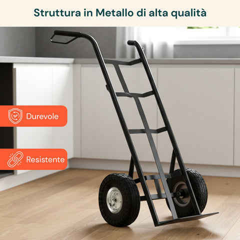 Carrello da Carico 250 kg in Acciaio Nero con Ruote Pneumatiche Resistenti