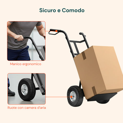 Carrello da Carico 250 kg in Acciaio Nero con Ruote Pneumatiche Resistenti