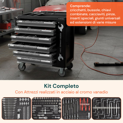 Cassettiera per Officina con Utensili Professionali e Struttura Robusta su Ruote