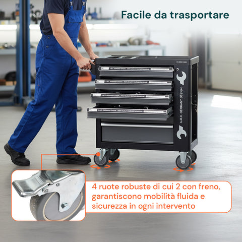 Cassettiera per Officina con Utensili Professionali e Struttura Robusta su Ruote