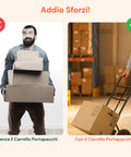 Carrello che elimina gli sforzi: confronto tra trasporto manuale faticoso e uso del carrello portapacchi, vantaggi evidenti per la schiena