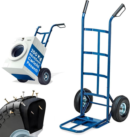 Carrello da Carico 250 kg in Acciaio Blu con Ruote Pneumatiche Resistenti