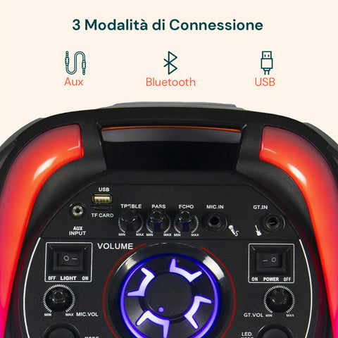 Cassa Bluetooth Karaoke XL 90 cm 800W con LED RGB e 2 Microfoni Wireless Inclusi