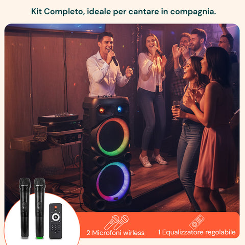 Cassa Bluetooth Karaoke XL 90 cm 800W con LED RGB e 2 Microfoni Wireless Inclusi