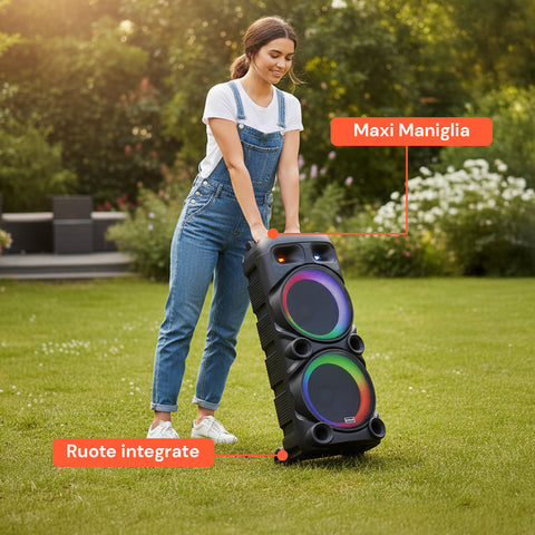 Cassa Bluetooth Karaoke XL 90 cm 800W con LED RGB e 2 Microfoni Wireless Inclusi