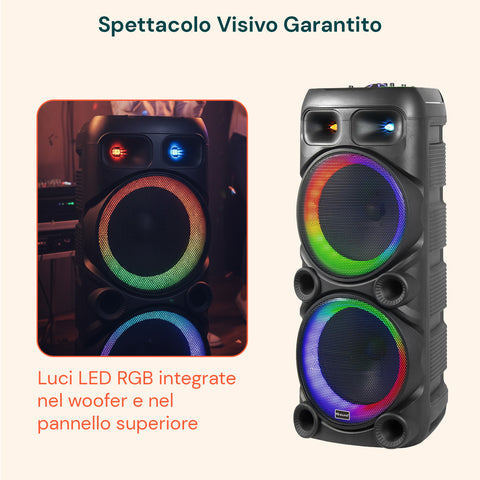 Cassa Bluetooth Karaoke XL 90 cm 800W con LED RGB e 2 Microfoni Wireless Inclusi
