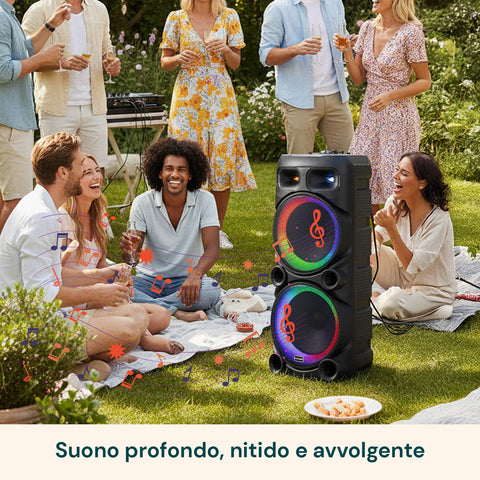Cassa Bluetooth Karaoke XL 90 cm 800W con LED RGB e 2 Microfoni Wireless Inclusi